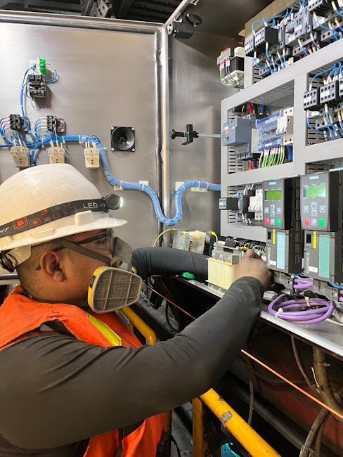 Electrician wearing safety gear adjusting wires on a control panel in Callao, Perú.